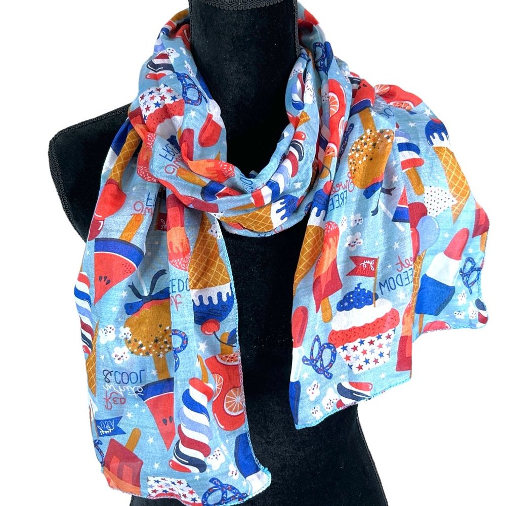 NEW 4th Of July Independence‎ Day Red White Blue Womens Silky Sheer Scarf